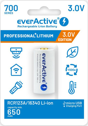 Miniatura produktu: Akumulator everActive 16340 3V Li-ion 700mAh micro USB z zabezpieczeniem BOX (EV16340-7003VBL)