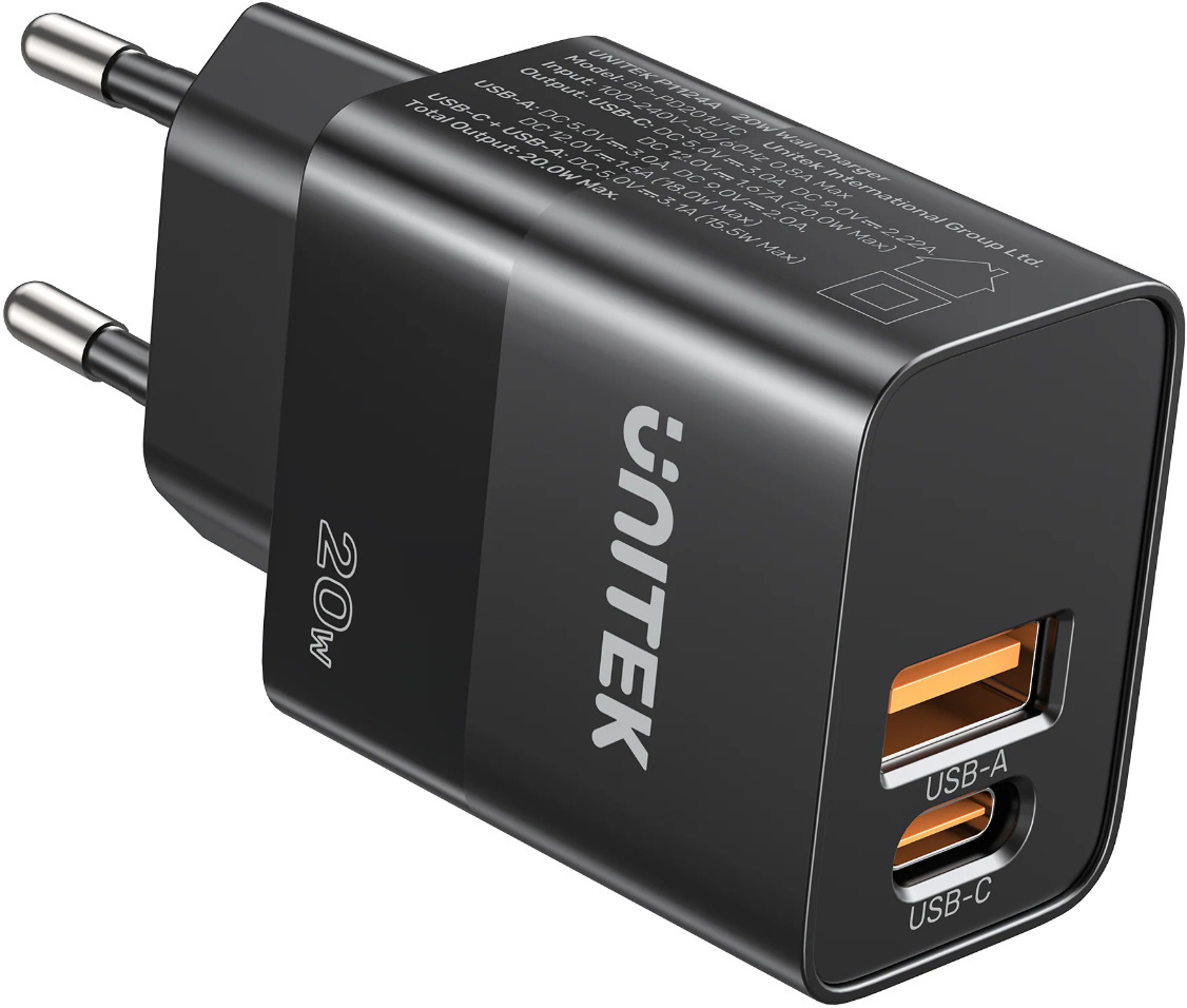 Unitek 1x USB-A, 1x USB-C, QC, 20W czarna