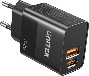 Miniatura produktu: Ładowarka sieciowa, 1x USB-A, 1x USB-C, QC, 20W Unitek - czarna (P1124ABK01-EU)