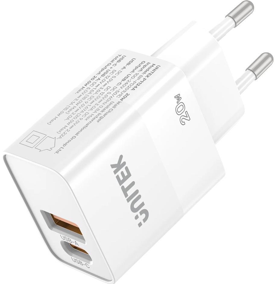 Unitek 1x USB-A, 1x USB-C, QC, 20W biała