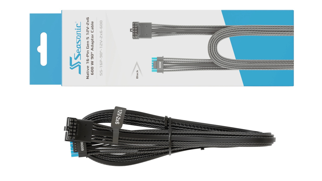 Zdjęcie produktu: Kabel Seasonic 16-pin Gen 5 12V-2x6 Black 600W 700mm kątowy (SS-16P-90-12V-2x6-600) Zdjęcie produktu: Kabel Seasonic 16-pin Gen 5 12V-2x6 Black 600W 700mm kątowy (SS-16P-90-12V-2x6-600)