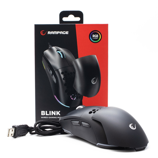 Zdjęcie produktu: Mysz przewodowa Rampage BLINK gamingowa USB RGB sensor optyczny 825F czarna 12800 dpi Zdjęcie produktu: Mysz przewodowa Rampage BLINK gamingowa USB RGB sensor optyczny 825F czarna 12800 dpi