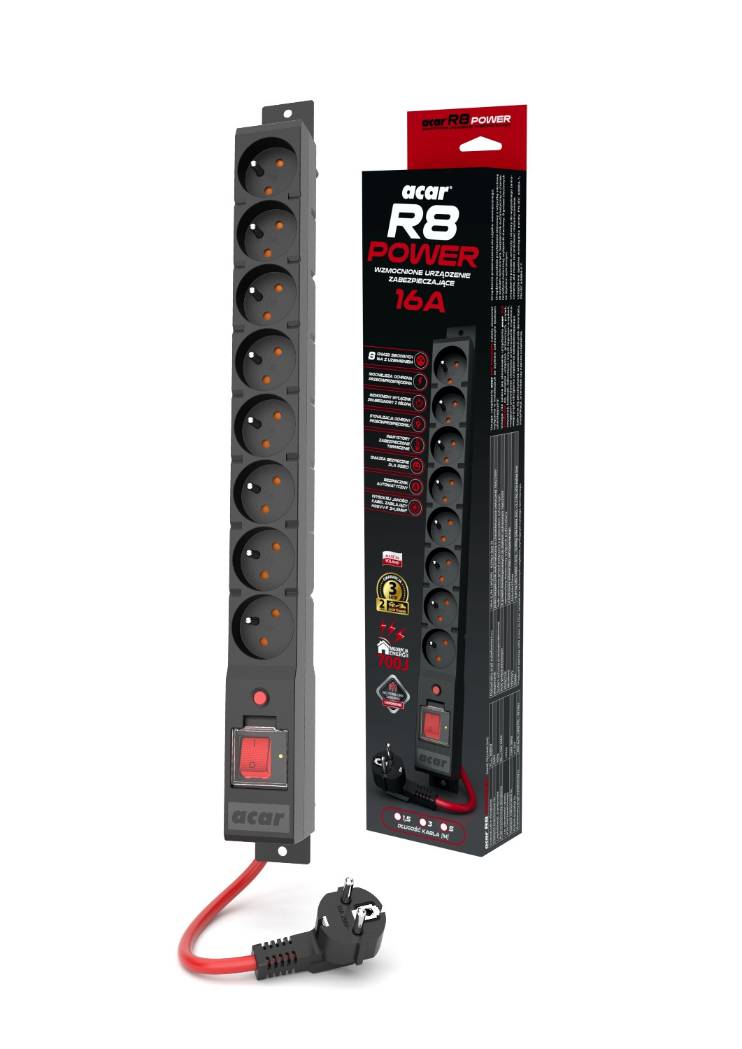 Listwa zasilająca ACAR R8 8 gniazd PL 230V PL 16A 3m czarna