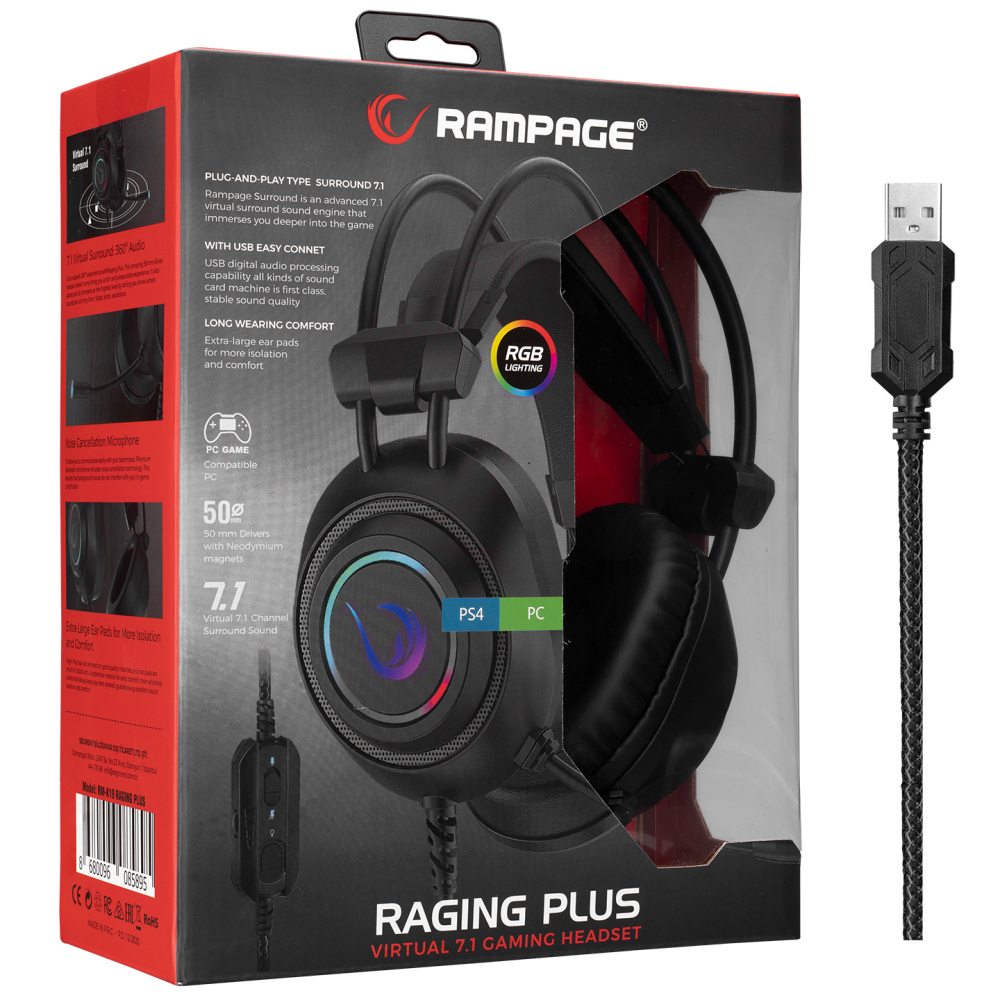 Słuchawki Rampage RM-K19 gamingowe z mikrofonem, nauszne, RGB, USB, czarne