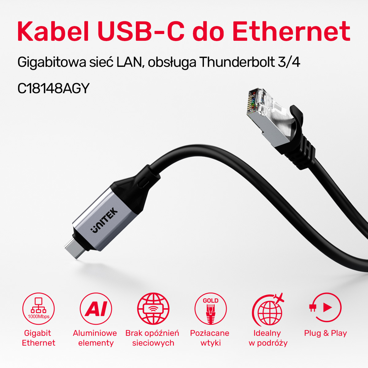 Kabel Ethernet Unitek USB-C - RJ-45 LAN, przewód sieciowy, 2m