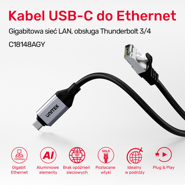 Zdjęcie produktu: Kabel Ethernet Unitek USB-C - RJ-45 LAN, przewód sieciowy, 3m