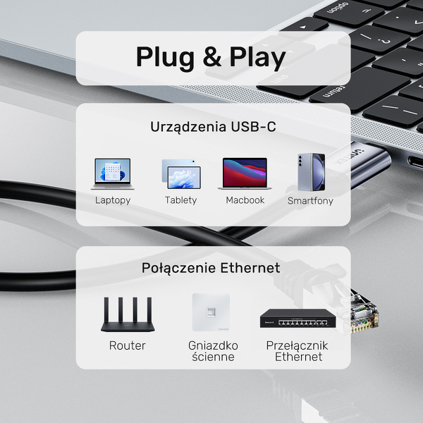 Zdjęcie produktu: Kabel Ethernet Unitek USB-C - RJ-45 LAN, przewód sieciowy, 3m