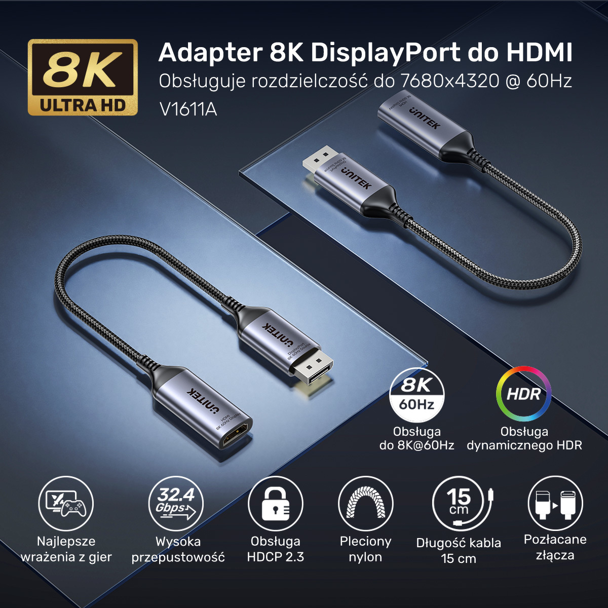 Adapter z DisplayPort 1.4 na HDMI 2.1, 8K60Hz Unitek