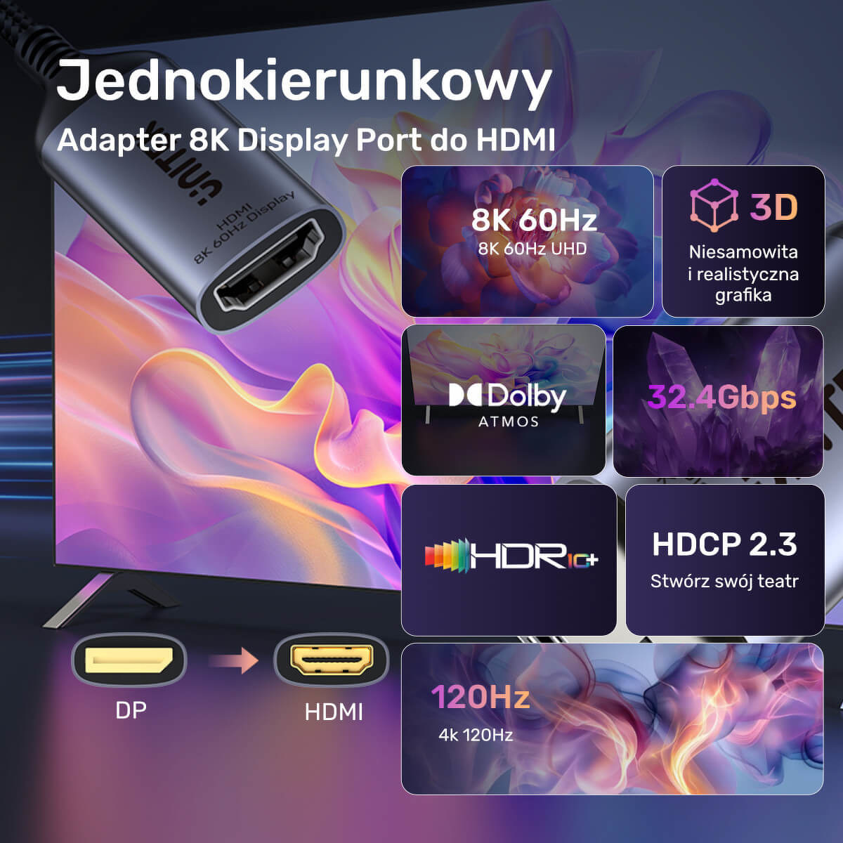 Adapter z DisplayPort 1.4 na HDMI 2.1, 8K60Hz Unitek