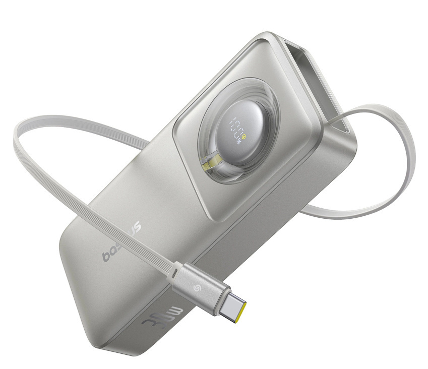 Powerbank Baseus Free2Pull 10000mAh 30W z portem USB-C i rozwijanym kablem USB-C - szary