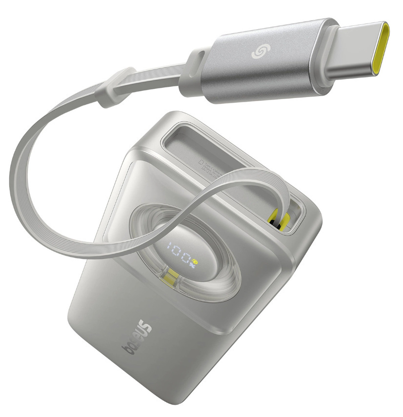 Powerbank Baseus Free2Pull 10000mAh 30W z portem USB-C i rozwijanym kablem USB-C - szary