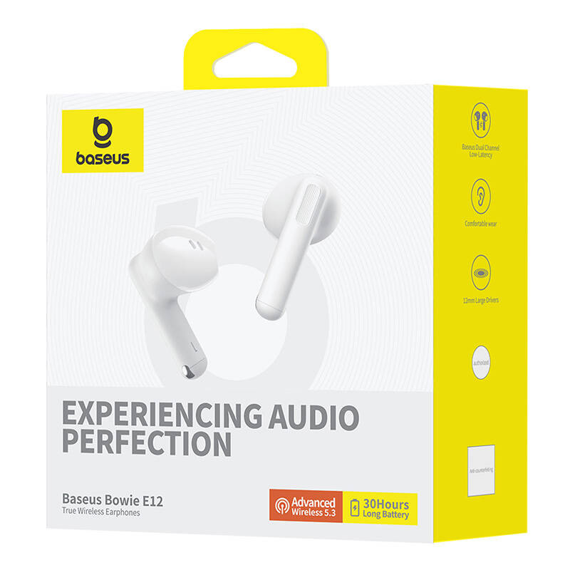 Słuchawki bezprzewodowe TWS Baseus Bowie E12, ładowanie indukcyjne, Bluetooth 5.3 - białe (A00059801216-Z1)