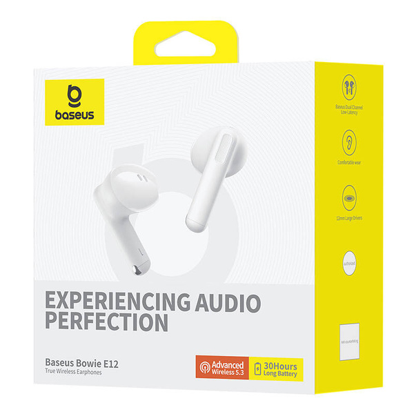Zdjęcie produktu: Słuchawki bezprzewodowe TWS Baseus Bowie E12, ładowanie indukcyjne, Bluetooth 5.3 - białe (A00059801216-Z1)