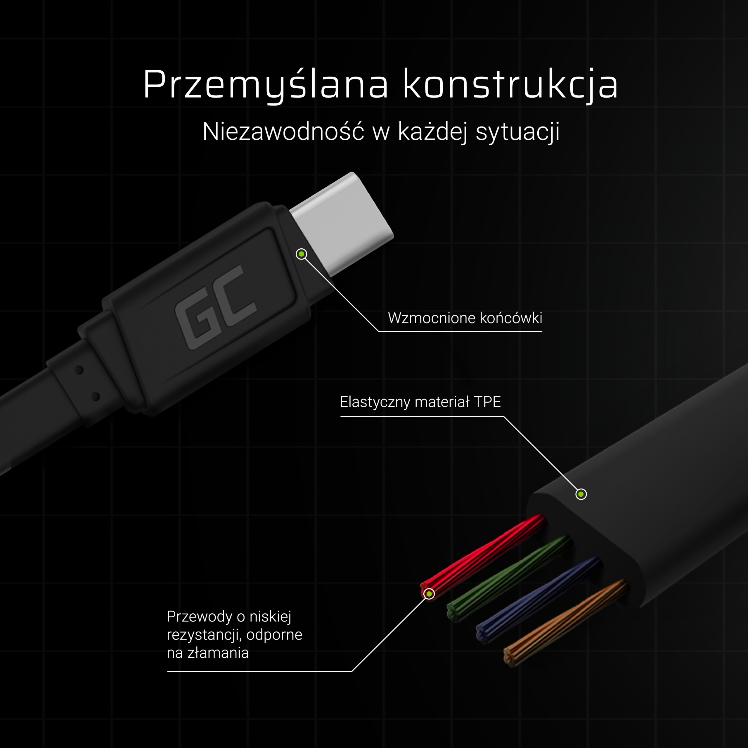 Kabel Greencell GCmatte USB - USB-C 25cm, szybkie ładowanie Ultra Charge, QC 3.0