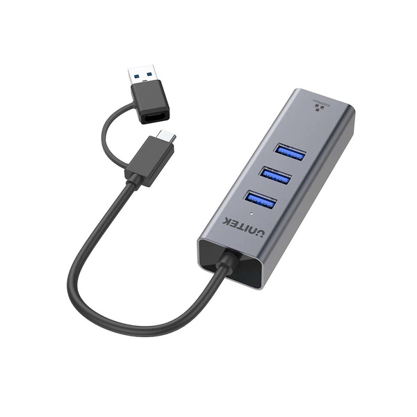 Zdjęcie produktu: Adapter HUB 4w1 USB-A/TYP-C to Ethernet 10/100/1000 3 x USB A 5 Gbps Unitek (Y-3088B)