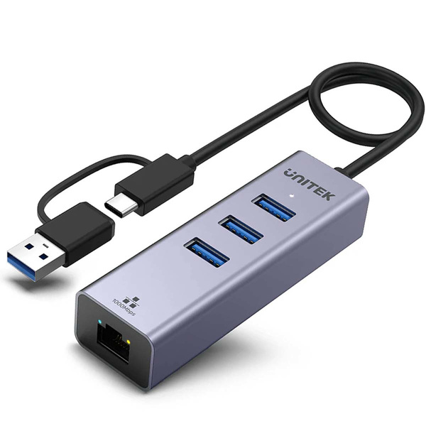 Zdjęcie produktu: Adapter HUB 4w1 USB-A/TYP-C to Ethernet 10/100/1000 3 x USB A 5 Gbps Unitek (Y-3088B)