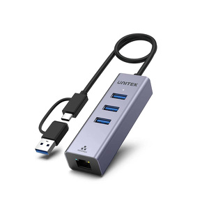 Miniatura produktu: Adapter HUB 4w1 USB-A/TYP-C to Ethernet 10/100/1000 3 x USB A 5 Gbps Unitek (Y-3088B)