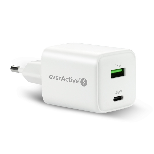 Zdjęcie produktu: Ładowarka sieciowa everActive GaN SC-450Q z gniazdem USB oraz USB-C PD PPS QC4+ 45W