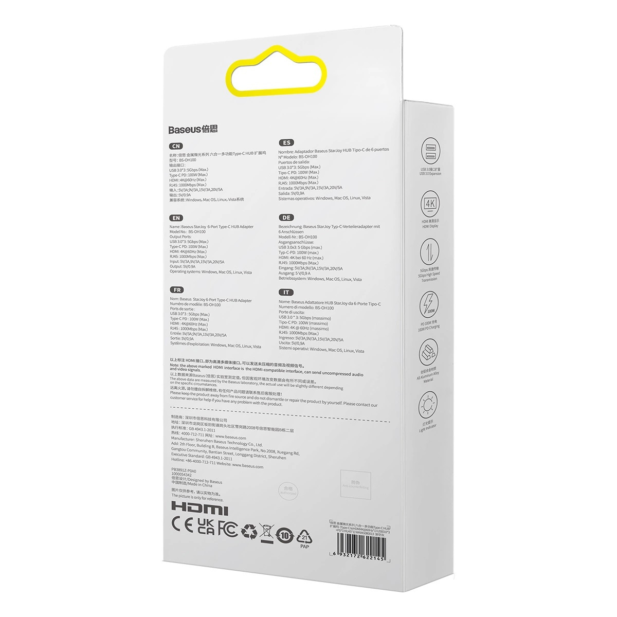 Hub 6w1 Baseus StarJoy Series, USB-C do HDMI + 3 x USB 3.0 + USB-C PD + RJ45
