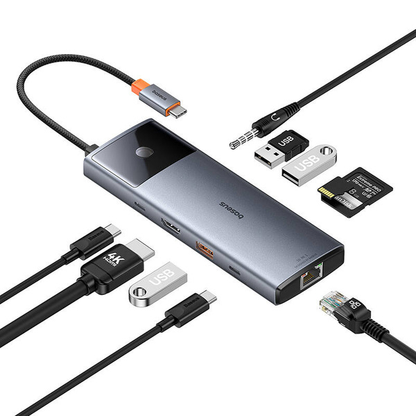 Zdjęcie produktu: Hub 10w1 Baseus Metal Gleam II Series, USB-C do 1xHDMI, USB-A (10Gbps), USB-C, 2xUSB-A, Ethernet RJ45, karta SD/TF, mini-jack 3,5mm, USB-C(PD)