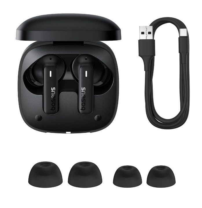 Słuchawki bezprzewodowe TWS Baseus Bowie E19, ładowanie indukcyjne, Bluetooth 5.3 - czarne Słuchawki bezprzewodowe TWS Baseus Bowie E19, ładowanie indukcyjne, Bluetooth 5.3 - czarne