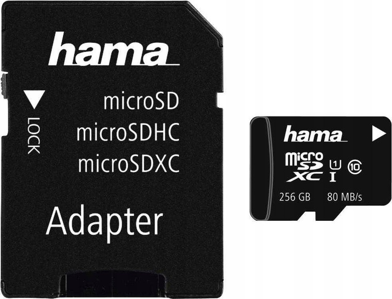 Zdjęcie produktu: Karta pamięci Hama microSDXC 256GB 80 MB/s C10 + Adapter SD Zdjęcie produktu: Karta pamięci Hama microSDXC 256GB 80 MB/s C10 + Adapter SD
