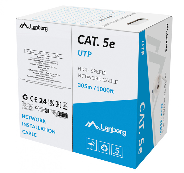 Zdjęcie produktu: Kabel Lan UTP Kat.5E 305m Drut CCA FLUKE Passed Lanberg - szary