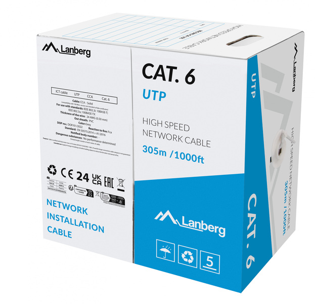 Zdjęcie produktu: Kabel Lan UTP Kat.6 305m Drut CCA FLUKE Passed Lanberg - szary