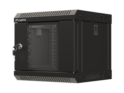Miniatura produktu: Szafa instalacyjna Rack wisząca 10" 4U 300x300 czarna drzwi  przeszklone Flat pack Lanberg