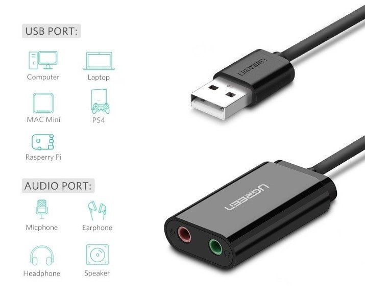 Zewnętrzna karta dźwiękowa USB UGREEN US205 15cm (czarny) Zewnętrzna karta dźwiękowa USB UGREEN US205 15cm (czarny)