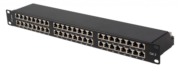 Miniatura produktu: Patch panel 48 port 1U 19" KAT.5e FTP ekranowany czarny lanberg