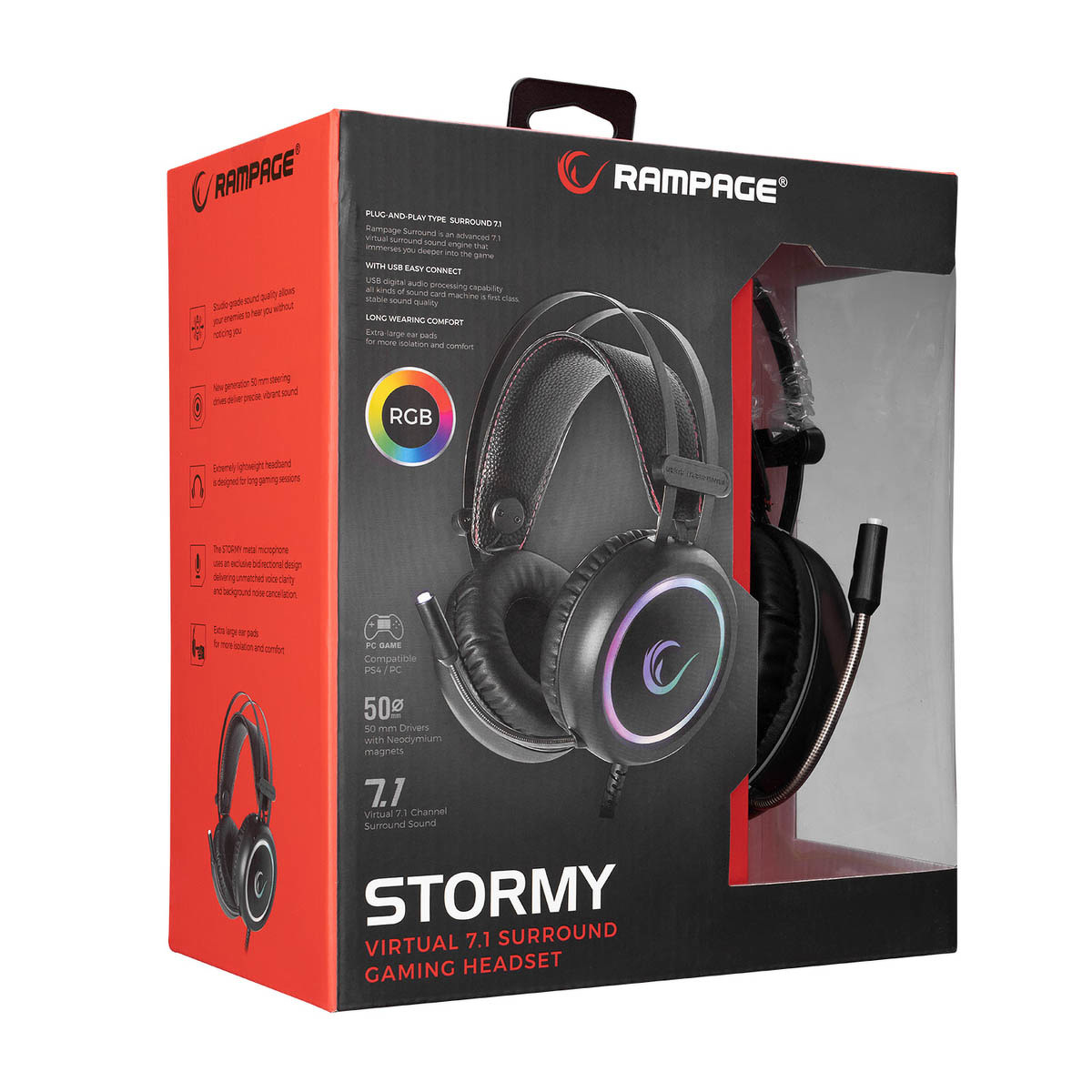Słuchawki Rampage STORMY 7.1 gamingowe z mikrofonem, nauszne, RGB, USB, czarne