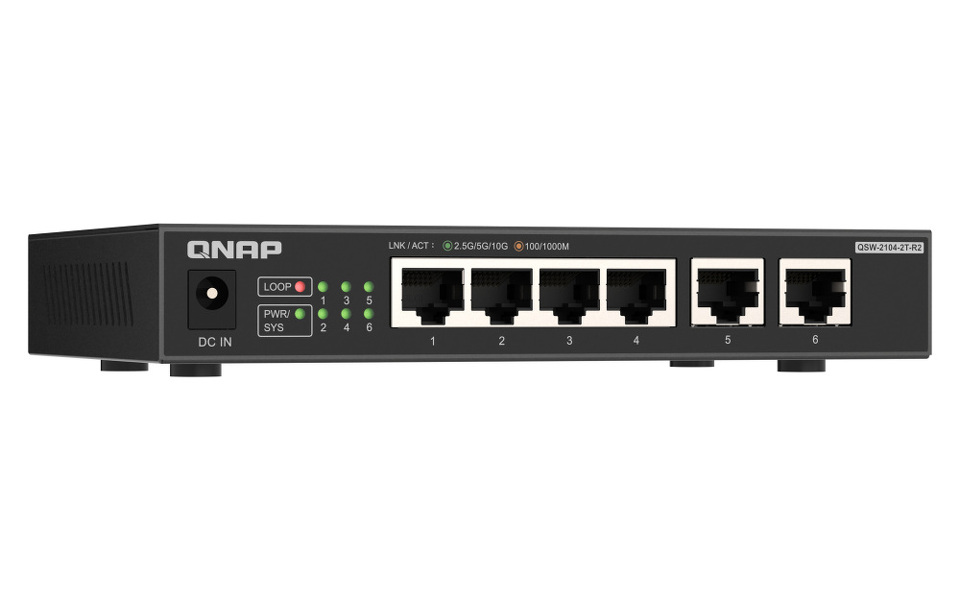 Zdjęcie produktu: Qnap QSW-2104-2T-R2  6-portowy przełącznik 2x 10GbE BASE-T RJ45, 4x 2.5GbE RJ45