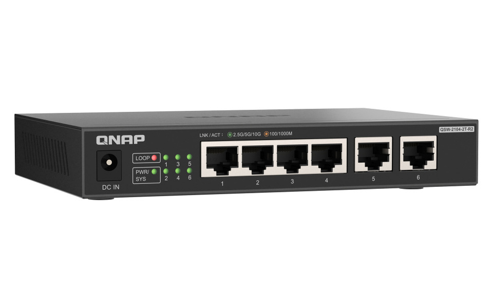 Zdjęcie produktu: Qnap QSW-2104-2T-R2  6-portowy przełącznik 2x 10GbE BASE-T RJ45, 4x 2.5GbE RJ45