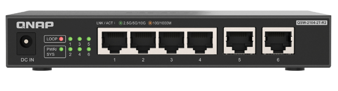 Miniatura produktu: Qnap QSW-2104-2T-R2  6-portowy przełącznik 2x 10GbE BASE-T RJ45, 4x 2.5GbE RJ45
