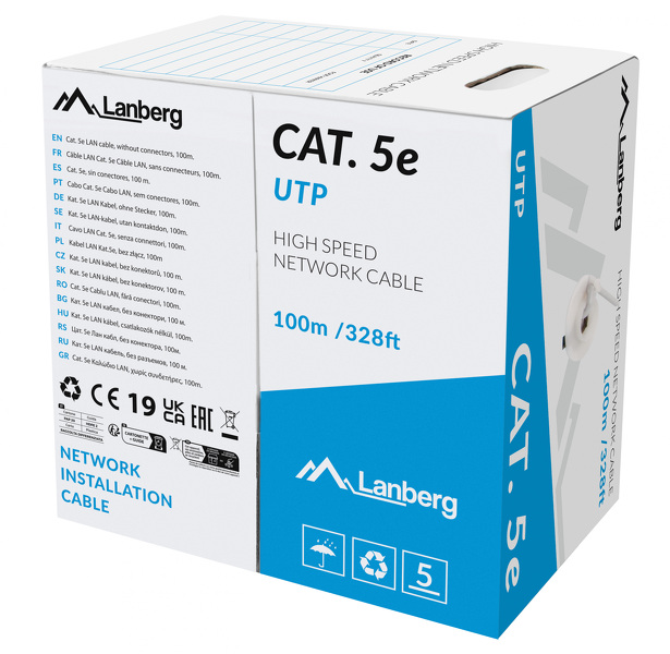 Zdjęcie produktu: Kabel Lan UTP Kat.5e 100m Drut CU Lanberg - szary CPR + fluke passed