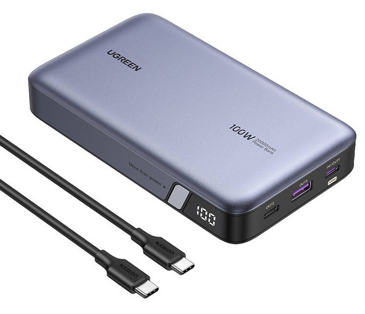 Powerbank 20000mAh Ugreen PB720, USB + 2x USB-C, 100W PD (szary)