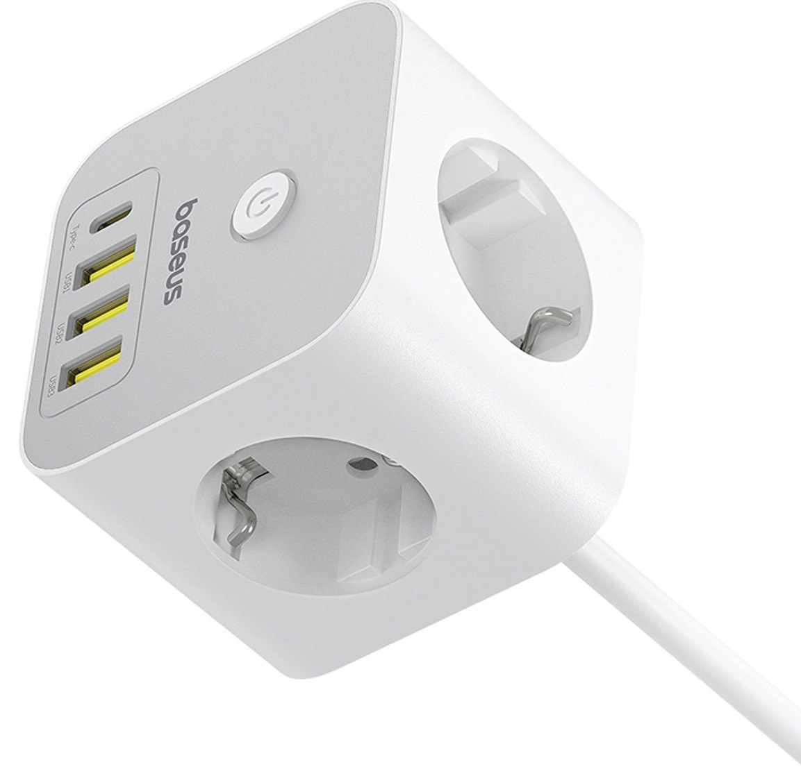Kostka listwa zasilająca Baseus PowerCombo 7 w 1, 3 AC + 3 x USB-A + 1 x USB-C 20W 1,5 m - biała
