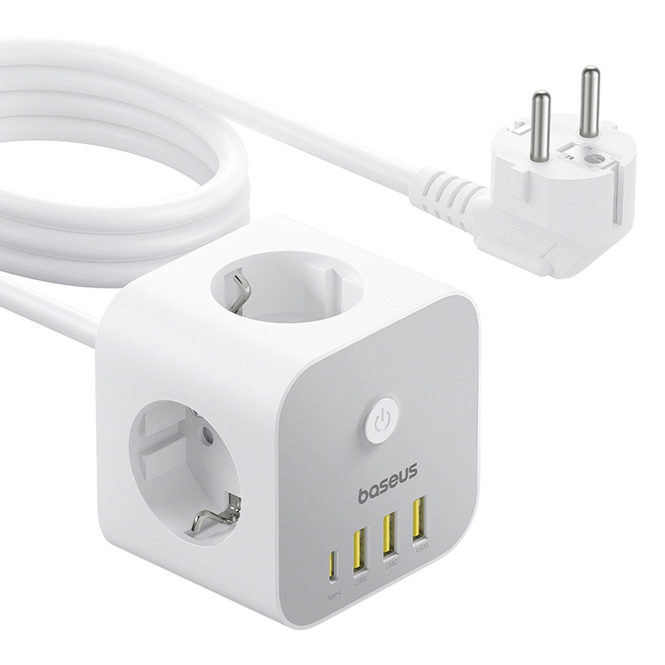 Kostka listwa zasilająca Baseus PowerCombo 7 w 1, 3 AC + 3 x USB-A + 1 x USB-C 20W 1,5 m - biała