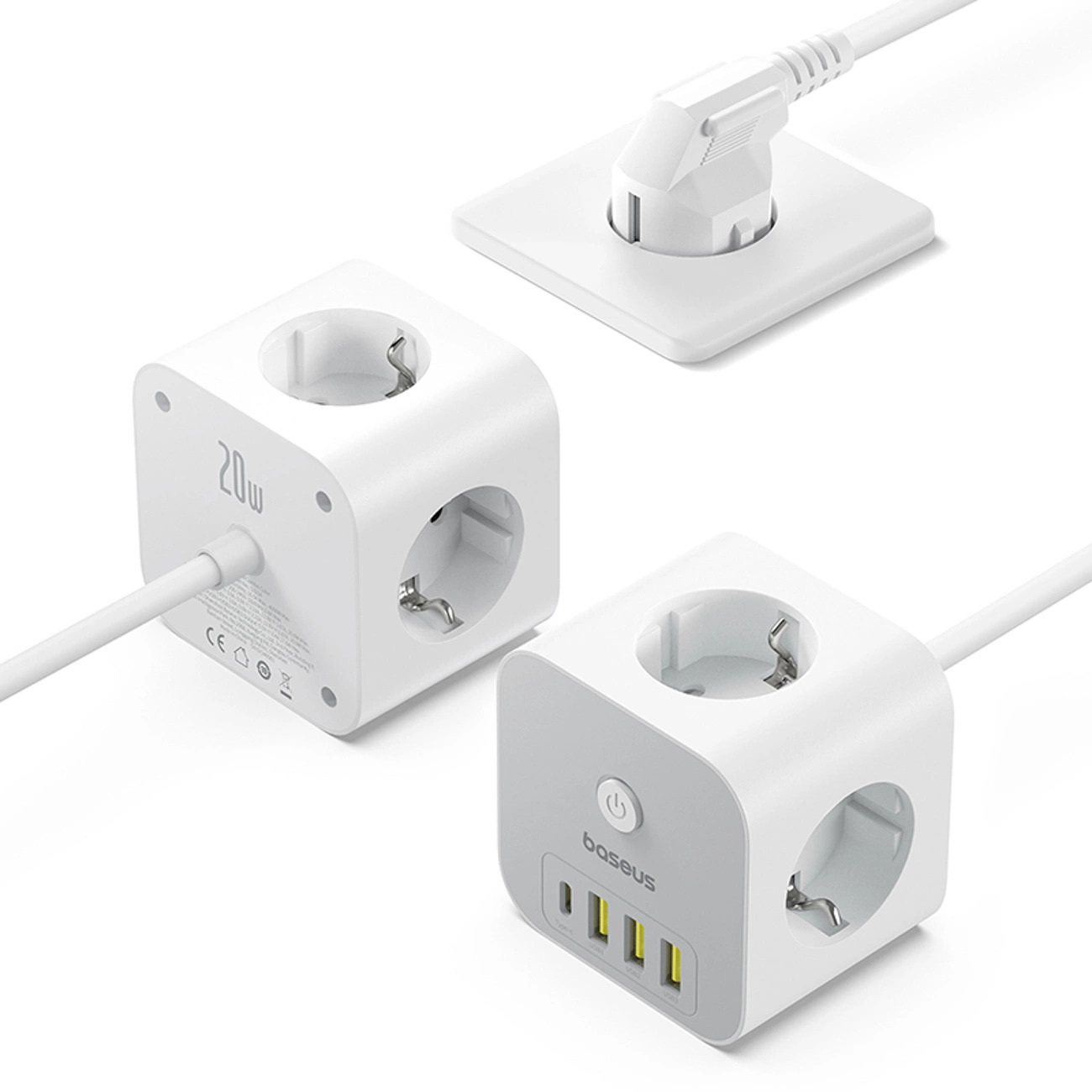Kostka listwa zasilająca Baseus PowerCombo 7 w 1, 3 AC + 3 x USB-A + 1 x USB-C 20W 1,5 m - biała