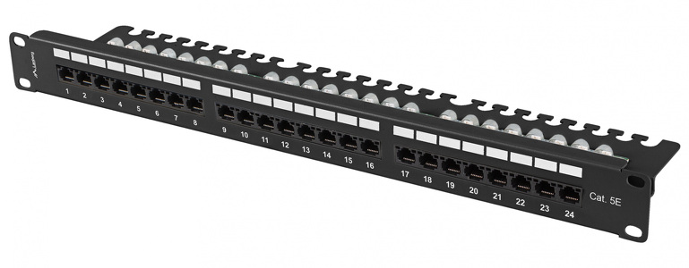 Miniatura produktu: Patch Panel 24 Port 1U 19” Kat.5e UTP z organizerem kablowym Lanberg czarny