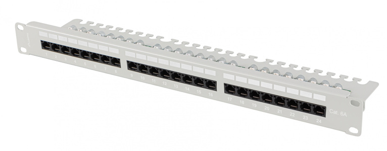 Miniatura produktu: Patch Panel 24 Port 1U 19” Kat.6A UTP z organizerem kablowym Lanberg szary