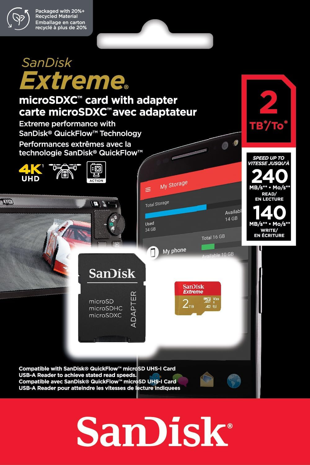 Karta SanDisk Extreme microSDXC 2TB 240/140 MB/s A2 C10 V30 UHS-I U3 (SDSQXAV-2T00-GN6MA)