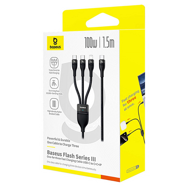 Zdjęcie produktu: Kabel USB 3w1 - 2xUSB-C, Lightning 150cm Baseus Flash 100W