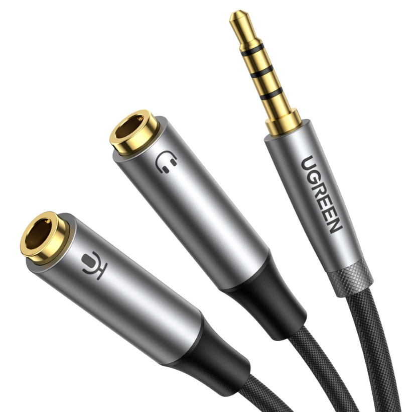 Rozdzielacz audio AUX UGREEN kabel mini jack 3,5mm (męski) do słuchawki + mikrofon (żeńskie), 20cm czarny (AV192 50254)