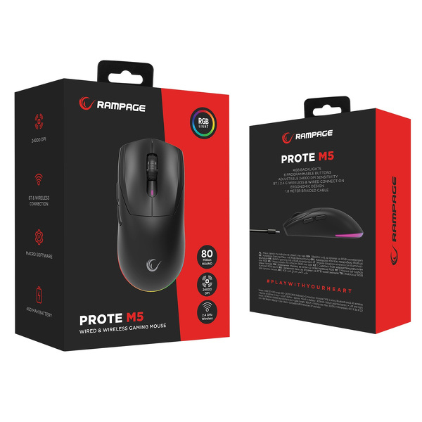Zdjęcie produktu: Mysz bezprzewodowa Rampage Prote M5 24000 DPI RGB LED 1K Hz czarna