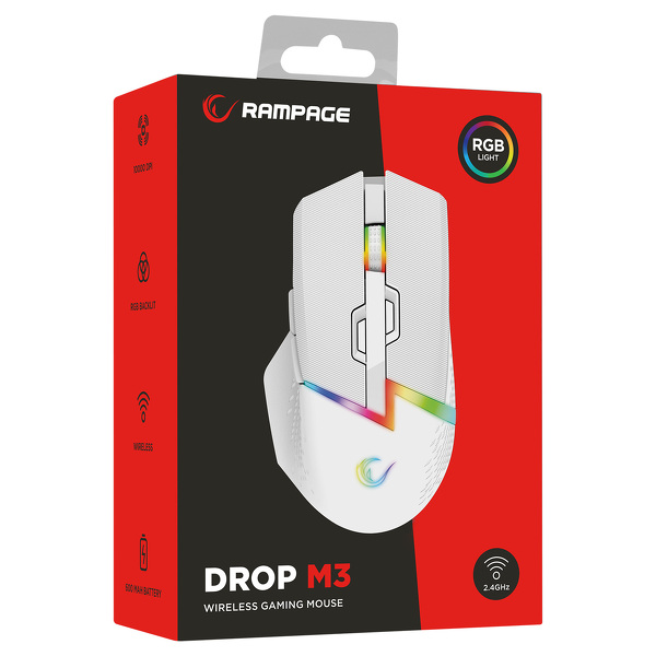 Zdjęcie produktu: Mysz bezprzewodowa Rampage DROP M3 1000DPI RGB LED biała