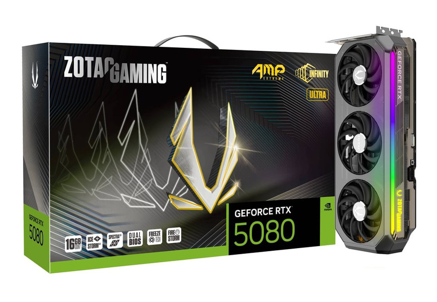 Zdjęcie produktu: ZOTAC GeForce RTX 5080 16GB AMP EXTREME INFINITY ULTRA GDDR7 DLSS 4 (ZT-B50800BU-10P) Zdjęcie produktu: ZOTAC GeForce RTX 5080 16GB AMP EXTREME INFINITY ULTRA GDDR7 DLSS 4 (ZT-B50800BU-10P)