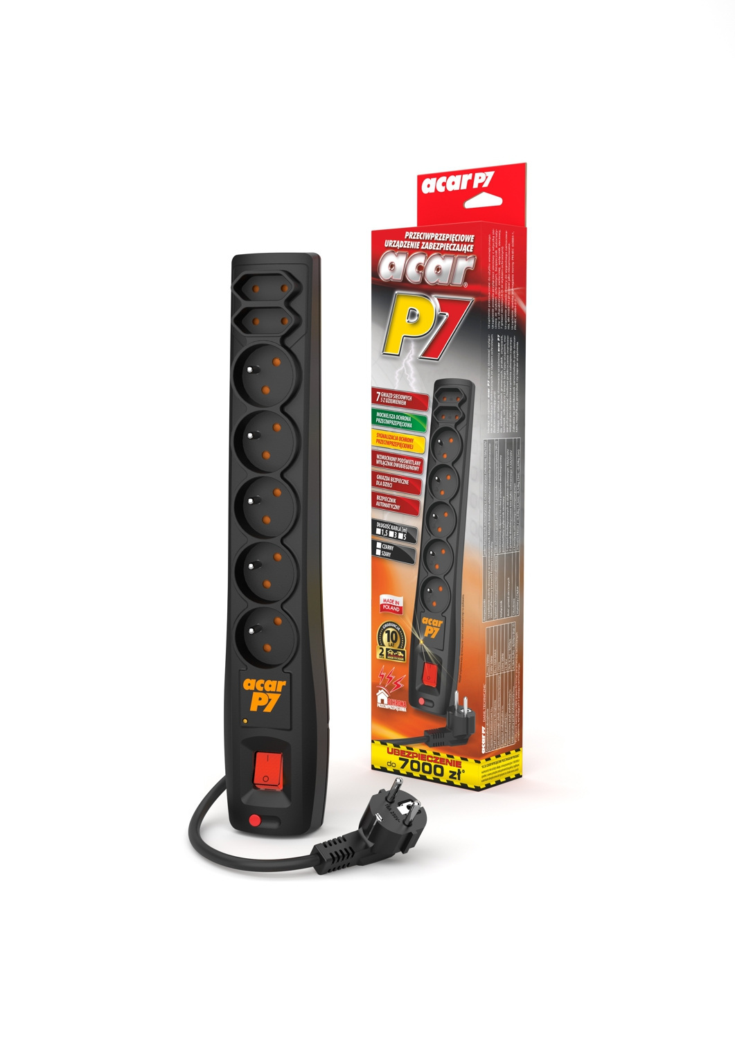 Listwa zasilająca ACAR P7 7 gniazd PL 230V PL 1.5m czarna