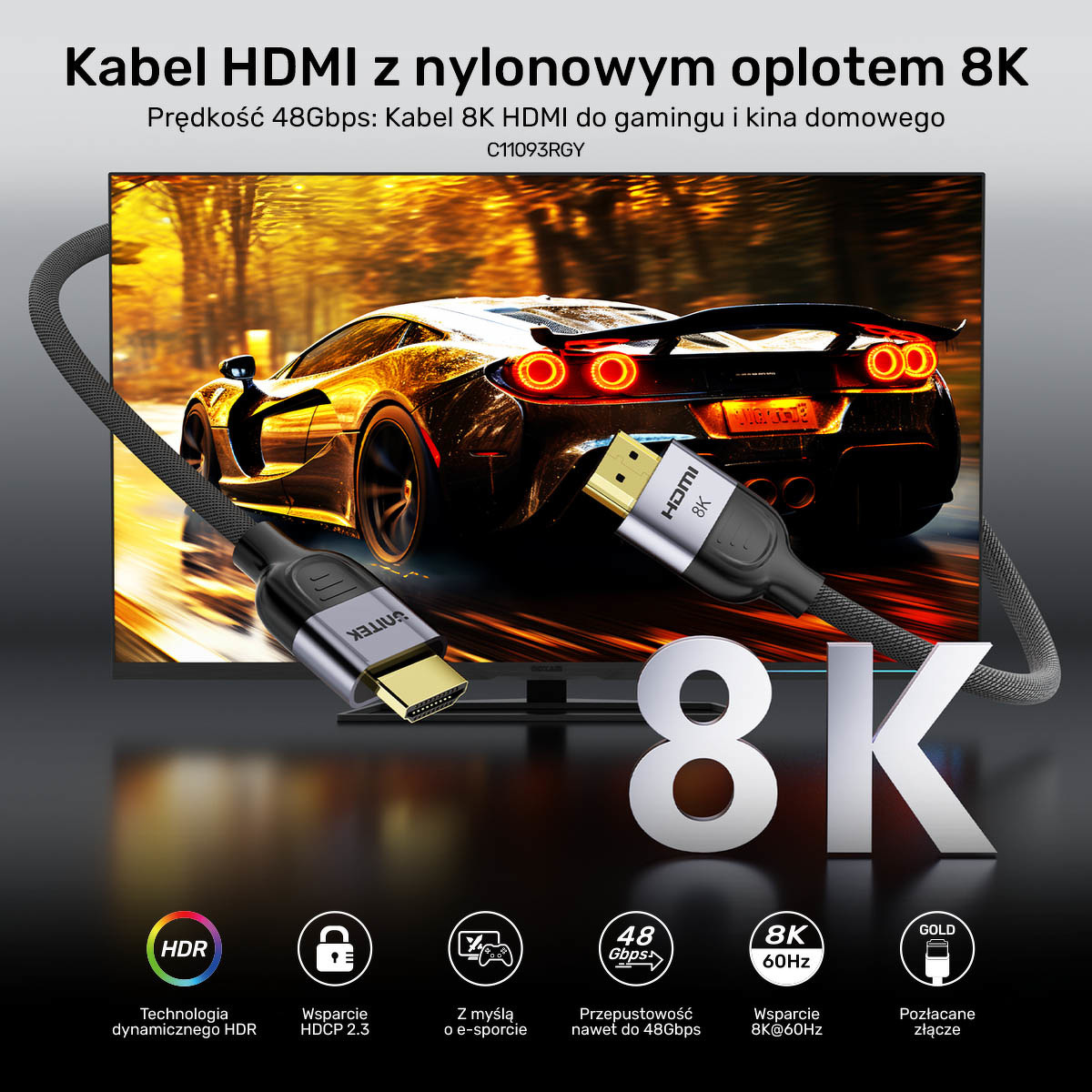 Kabel HDMI 2.1 Unitek 8K@60Hz, 4K@120Hz, LUX oplot 1m